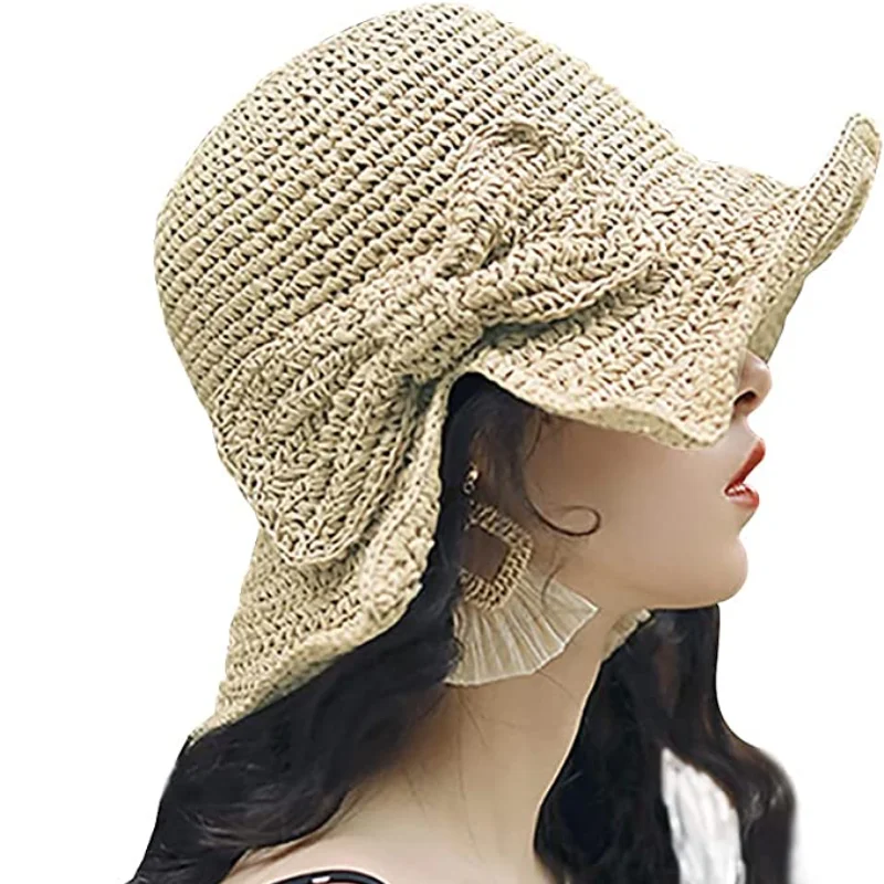 

Foldable Wide Brim Floppy Straw Beach Sun Hat Summer Cap with Bowknot for Women Girls Strap Adjustable