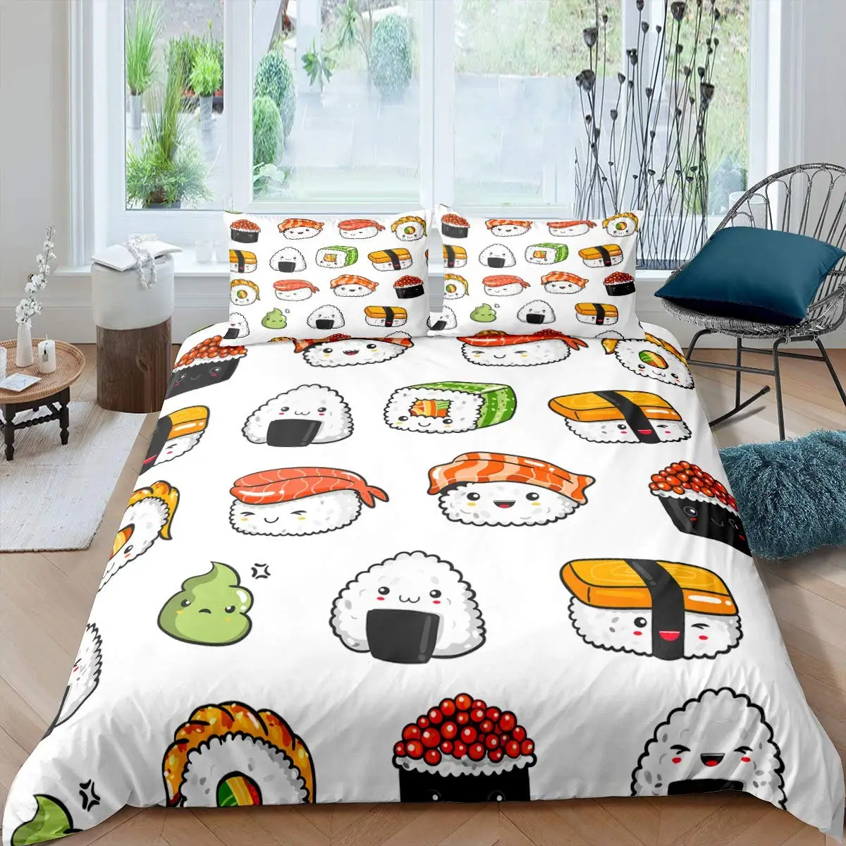 

Sushi Pattern Duvet Cover Set King Microfiber Japanese-Style Comforter Cover Food Theme Cute Cartoon Japanese Sushi Quilt Cover