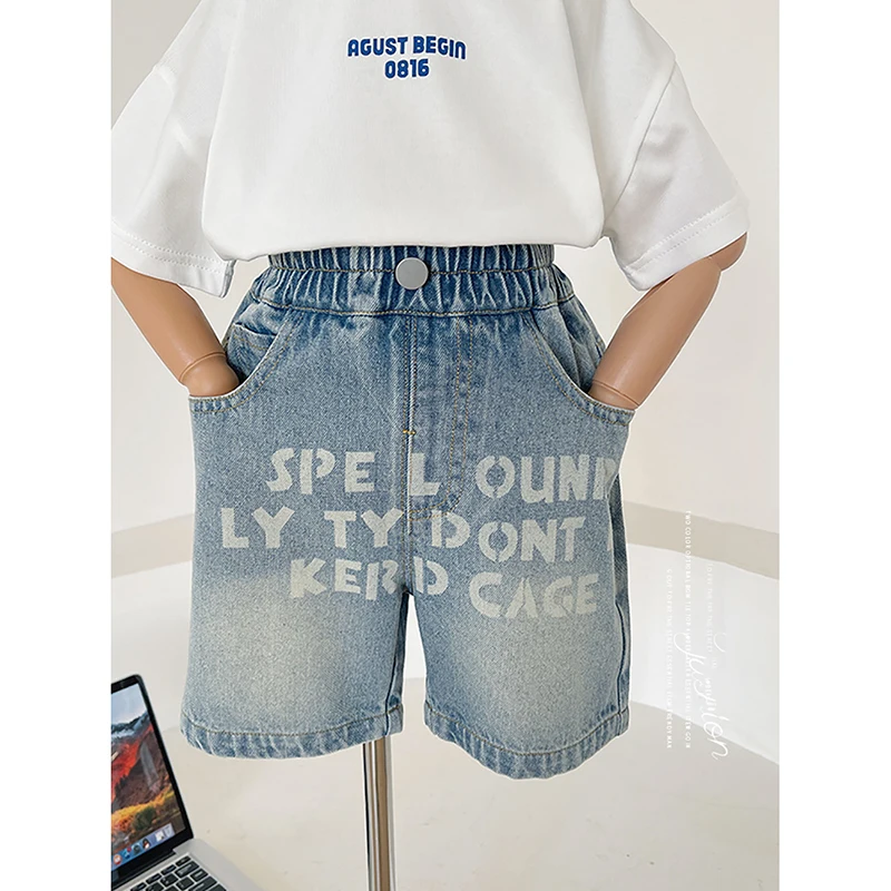 

Fashion Letter Printed Denim Shorts Children's Elastic-waisted Casual Loose Wide-leg Pants Cool Boys Summer Vintage Capri Pants