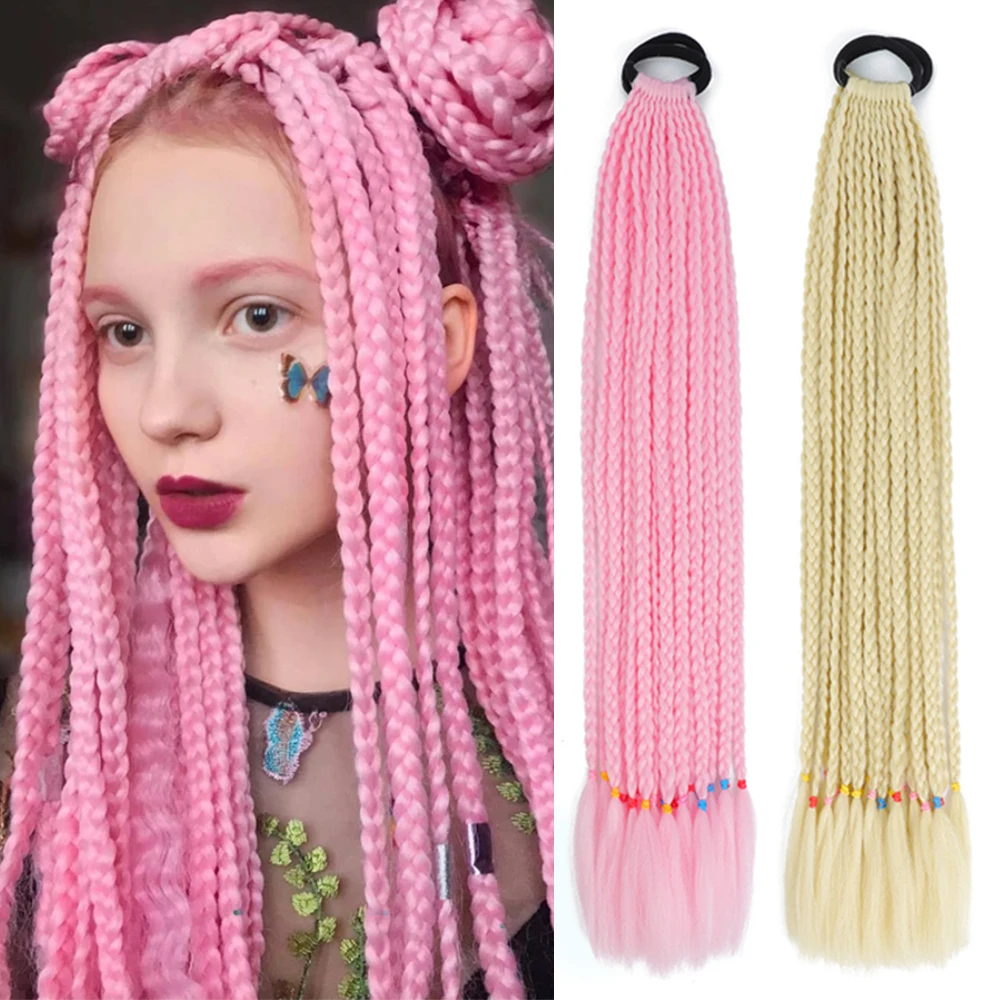 

Synthetic Gradient Color Dirty Braided Ponytail 24inch Rainbow Elastic Rubber Band Braiding Pony Tail Hair Extensions For Girls