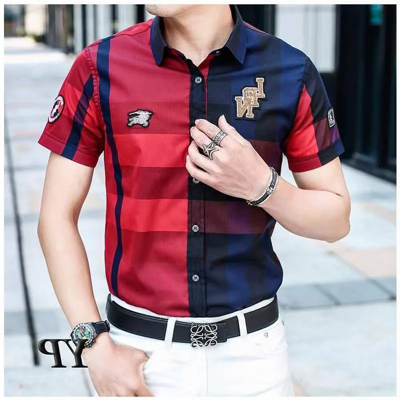 

2024 New Summer Retro Korean Style Loose Casual Irregular Men's Shirt Handsome Plaid Button Splicing Lapels Short Sleeve Y2K Top
