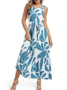 Vestido Elegante longo sem mangas feminino, vestido bandagem de cintura alta, gola redonda