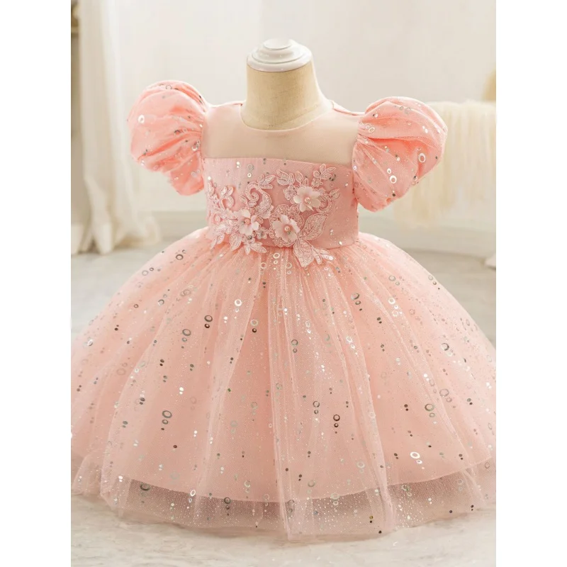 

2024New Children's Host's Dress-Year-Old Flower Girl Evening Dress Puff Sleeve Laminate Princess Dress Gauze Dress in Stock