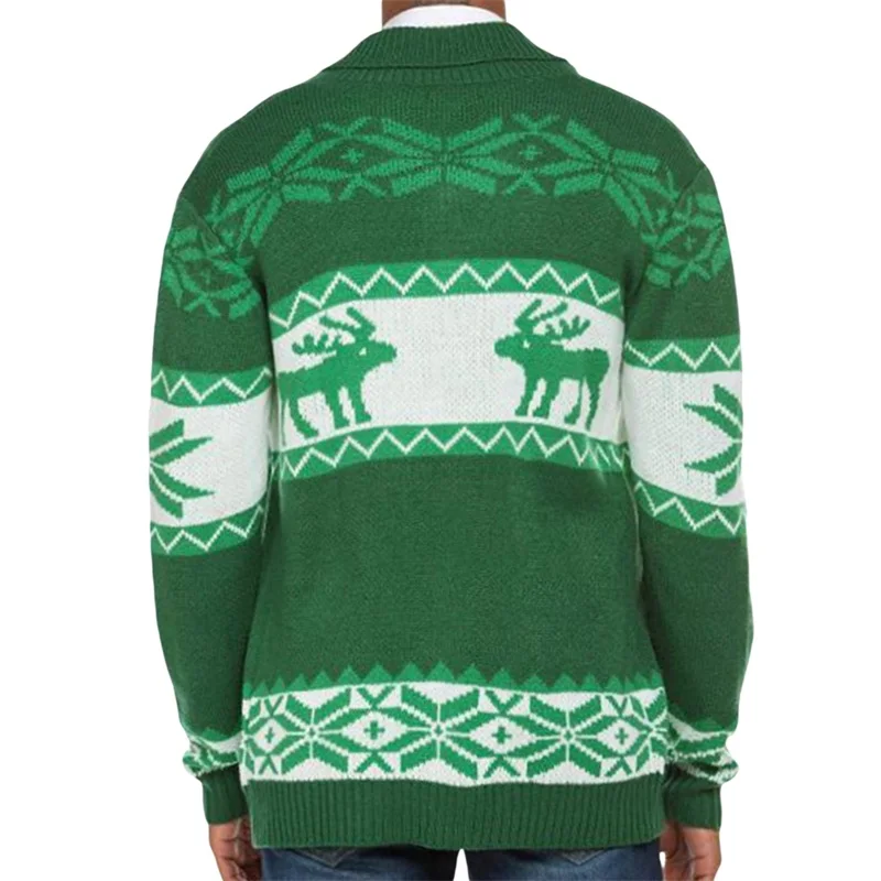 

Men Christmas Casual Cardigan Long Sleeve Shirts Shawl Collar Reindeer Snowflake Print Sweater Knitted Tops Streewear
