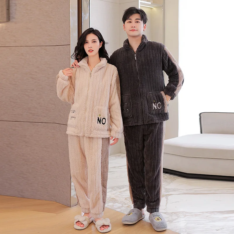 

Thickened Flannel Sleepwear Pijamas Suit New Autumn Winter Couple Pajamas Set Loose Coral Fleece Casual Home Clothes Lounge Wear