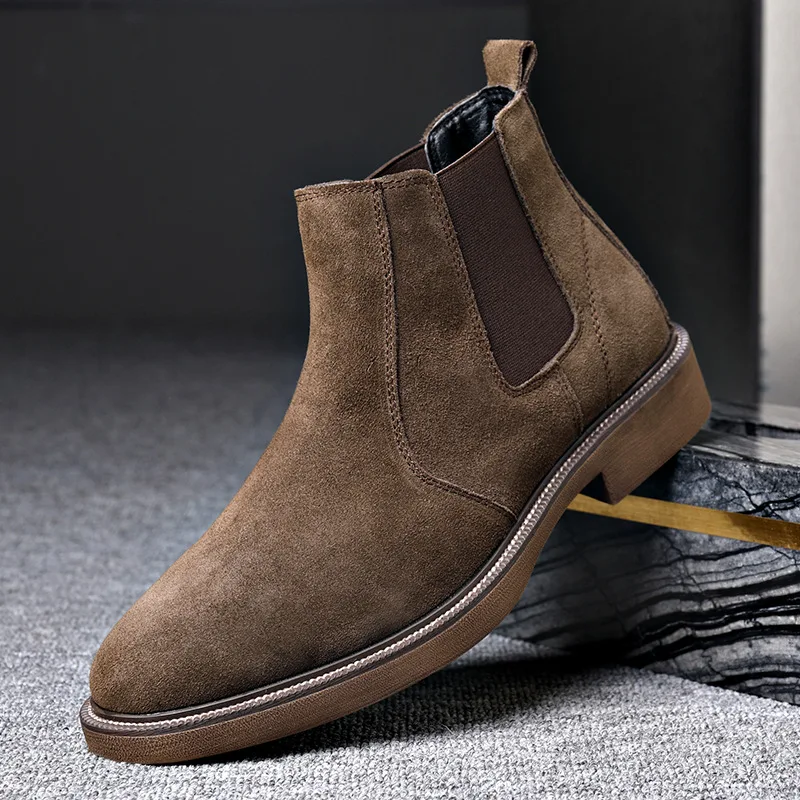 

men's casual cow suede leather boots black brown slip-on shoes cowboy ankle boot party prom dress short chelsea botas zapatos