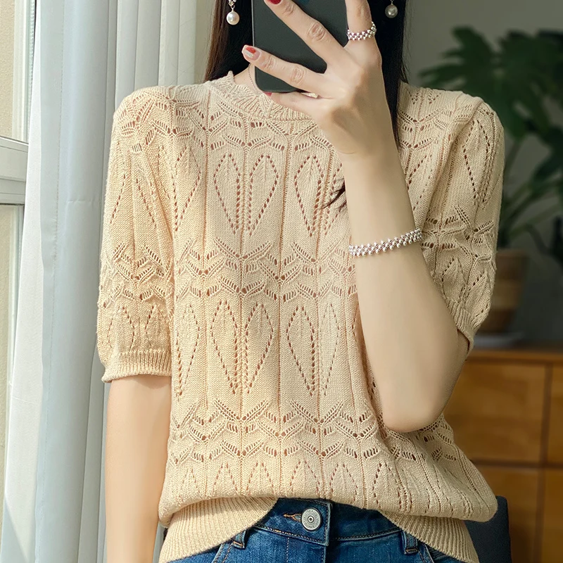 

2023 New Pure Cotton Round Neck Sweater T-shirt Casual Solid Color Top Loose Hollow Pullover Short Sleeve Knitted Fashion T-shir