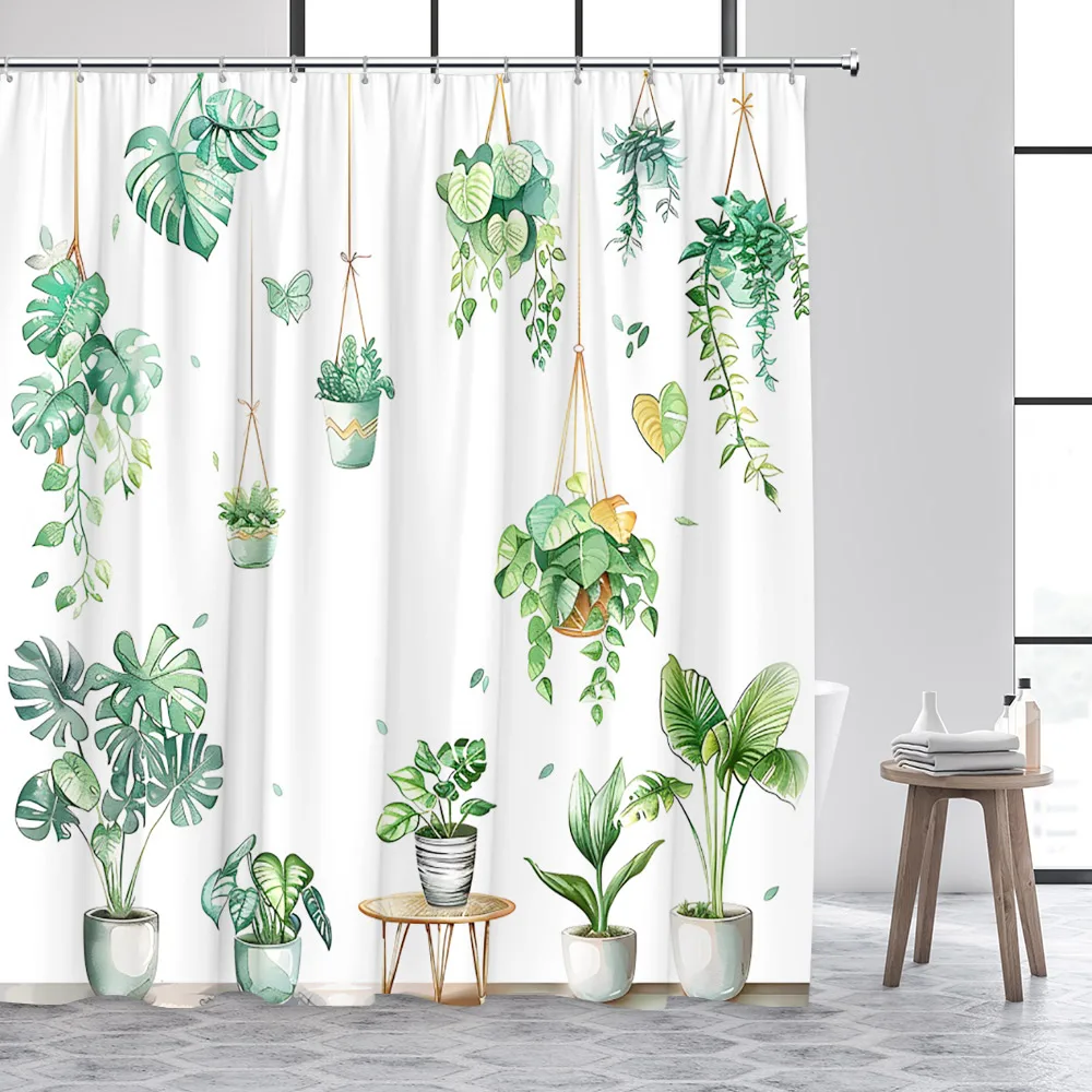 

Tropical Leaves Shower Curtain Watercolour Plants Leaf Potted Monstera Bath Curtains Polyester Fabric Bathroom Decor with Hooks