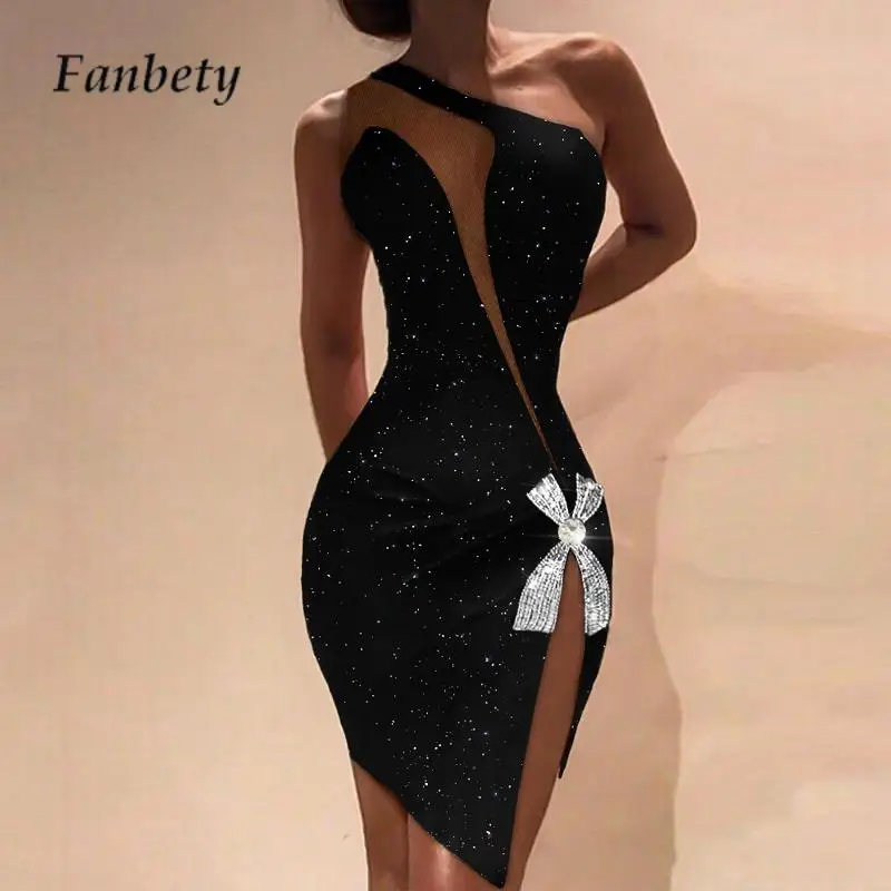 

Fashion Mesh Splicing Hollow Out Midi Dress Sexy Slant Neck Irregular Shiny Party Dress Elegant Sleeveless Bow Split Women Dress