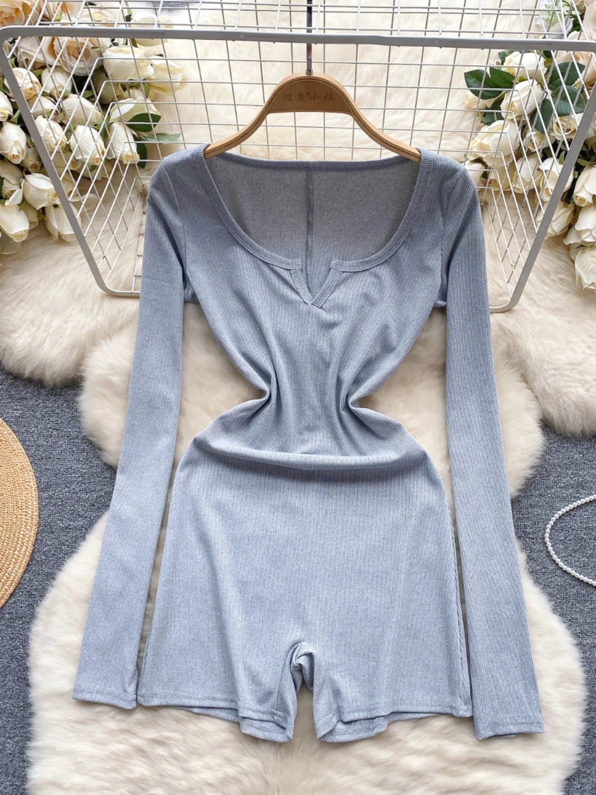 

Foamlina Spring Summer Solid Rib Bodycon Playsuits Women Casual V Neck Long Sleeve High Stretch One Piece Short Pants Rompers