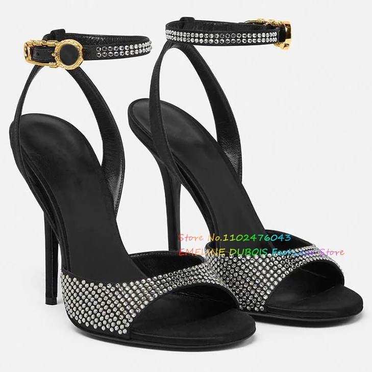 

Black Crystal Embellished Leather Gold Ankle Strap Buckle High Heel Sandals Women Stiletto Heeled Summer Party Dress Shoes