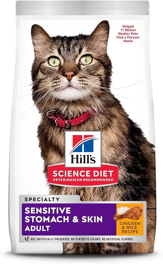 

Диета для кошек Hill's Science, сухой корм для взрослых, крем для чувствительного желудка и кожи, рецепт для цыплят и риса, пакет 7 фунтов