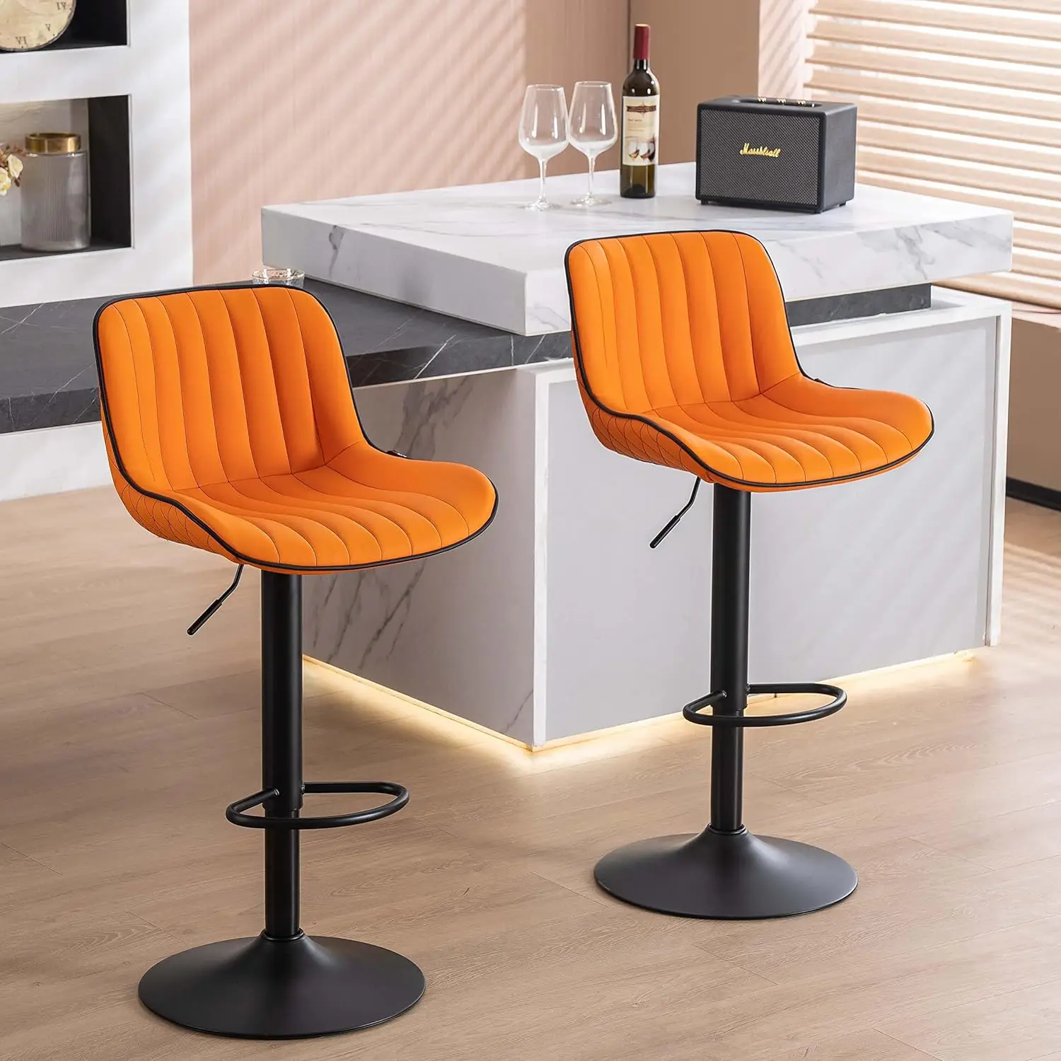 

YOUNUOKE Orange Upholstered Bar Stools Set of 2 Counter Height Modern Adjustable Swivel Bar Chairs with Backs Mid Century PU