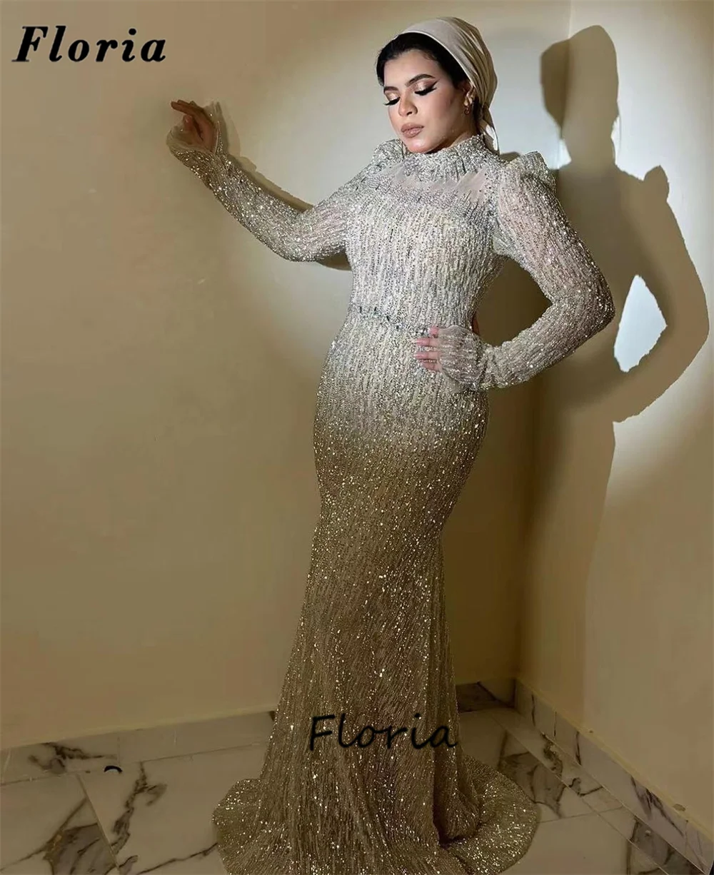 

Dubai Design Full Beaded Evening Dresses Muslim Kaftans Crystals Wedding Party Dress Robes De Soiree Mermaid Pageant Prom Gowns