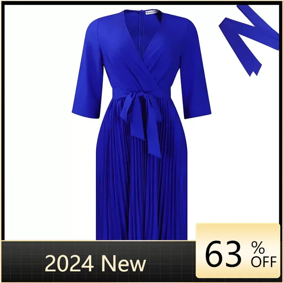 

Elegant Fall Maxi Dresses Bandage Design Tiered Pleated A Line Dress Belted Long Sleeve V Neck Flowy Patchwork Vestidos