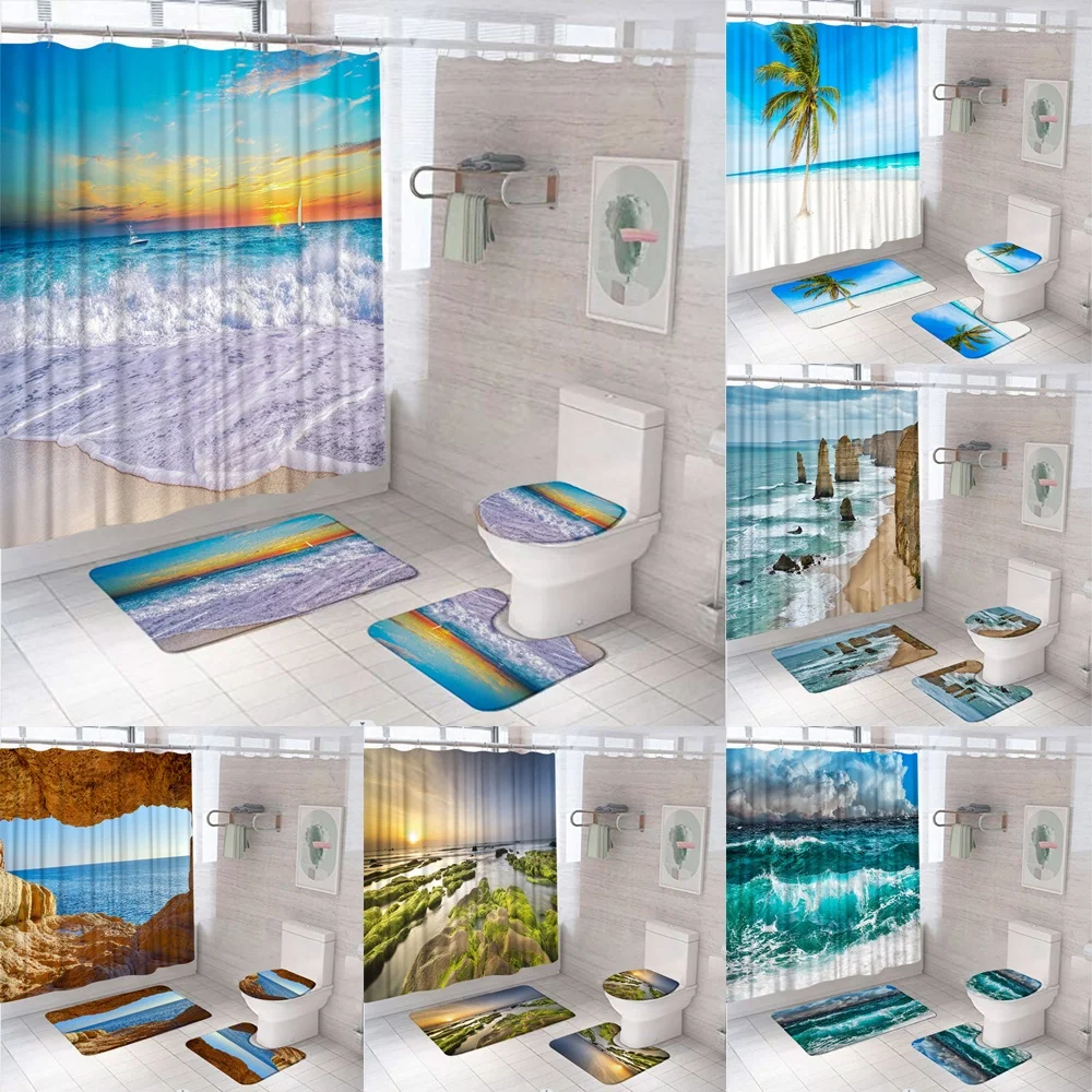 

Ocean Beach Shower Curtain Sets Sunrise Sea Sunset Marine Natural Scenery Non-Slip Rug Toilet Lid Cover Bath Mat Bathroom Decor