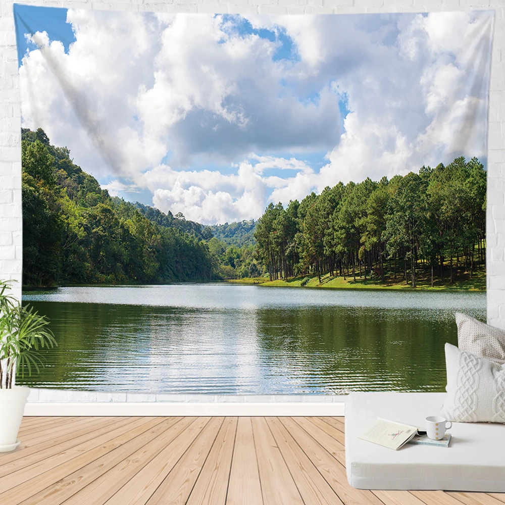

Natural Mountain Lake Sea View Tapestry Snowy Peak Mountains Forest Scenery Tapestrie Bedroom Living Room Dorm Deco Wall Hanging