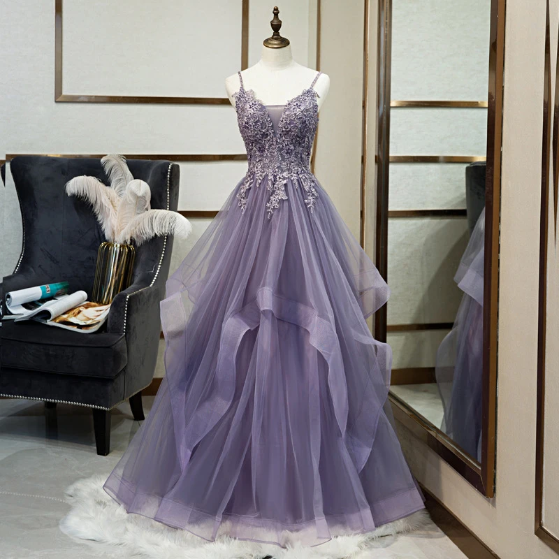 

Banquet Formal Dress For Women Purple Appliques Tiered Suspenders Tulle Evening Dresses Summer Host Performance Ball Party Gowns