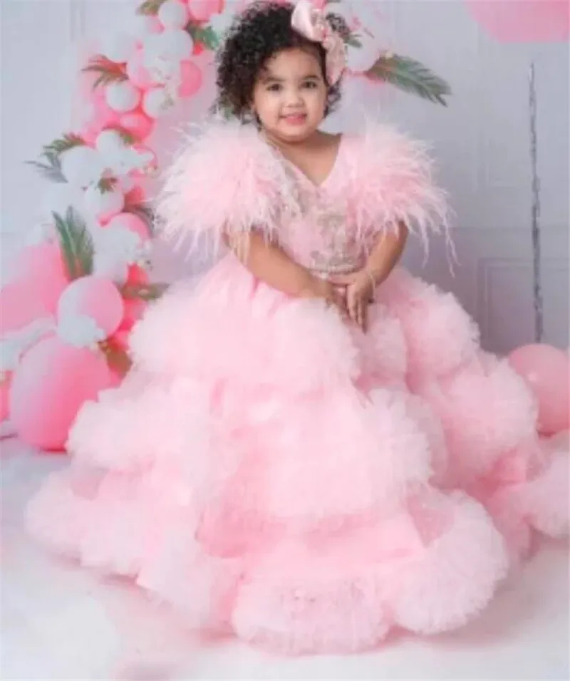 

Pink Pretty Girls Dresses Feather Sleeve Flower Girl Dress Kids Children Birthday Party Gown Princess Prom Pageant Dress