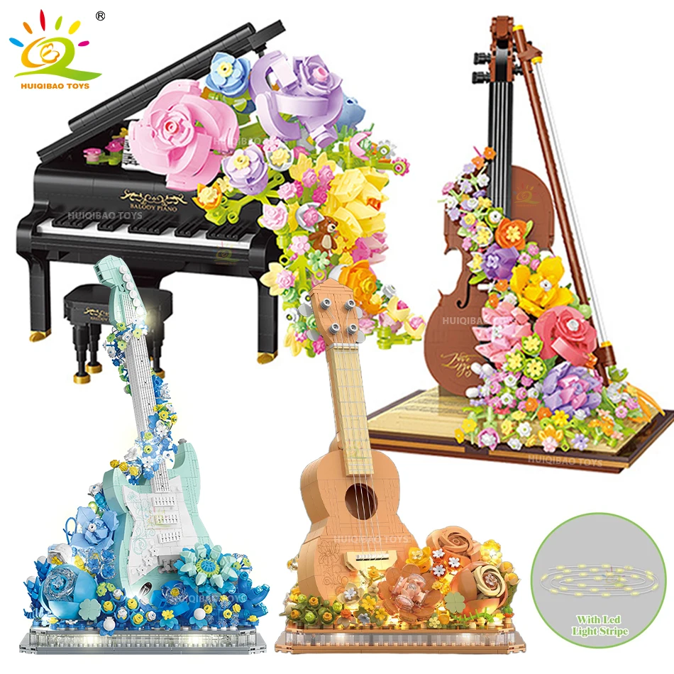 

Романтическое цветочное пианино, скрипка, гитара, Mirco, строительные блоки, идеи, букет, музыкальные инструменты, модель, мини-кирпичи, игрушки для детей