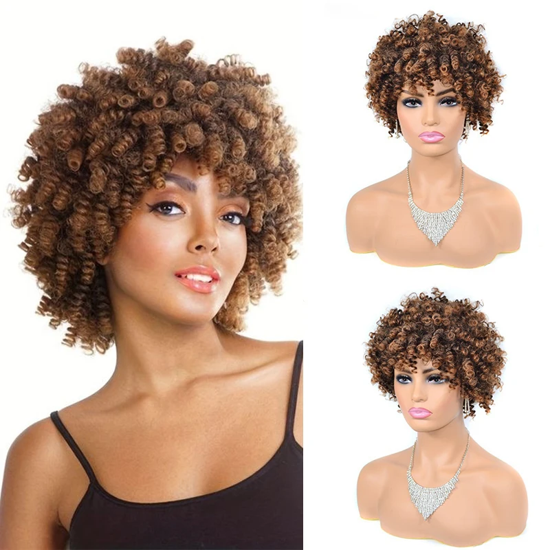 

Ombre Brown Short Kinky Curly Wig with Bangs Afro Bouncy Curly Wigs for Women Cosplay Heat Resistant Fiber Wigs Daily Used