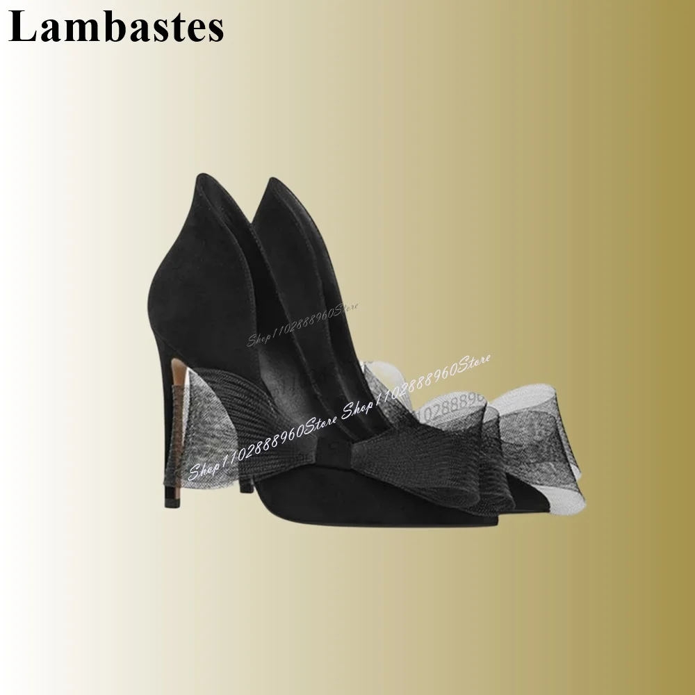 

Graceful Black Suede Air Mesh Bow Knot Decor Pumps Stilettos High Heel Women Shoes Slip-On Pointed Toe 2023 Zapatos Para Mujere