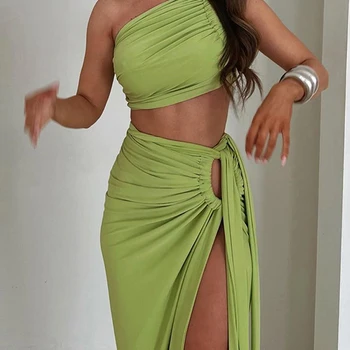 Conjunto Primavera-Outono: Elegância e Juventude no Estilo Coreano 11 Autumn Winter One Shoulder Bodycon Dress Suits Women Backless Crop Top Split Long Skirt Two Piece Matching Sets Outfits Party