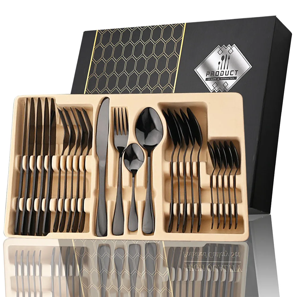 24Pcs Black Dinnerware Cutlery Set Stainless Steel Knife Fork Tea Spoon Tableware Flatware Set Festival Kitchen Silverware Gift
24Pcs Black Dinnerware Cutlery Set Stainless Steel Knife Fork Tea Spoon Tableware Flatware Set Festival Kitchen Silverware Gift