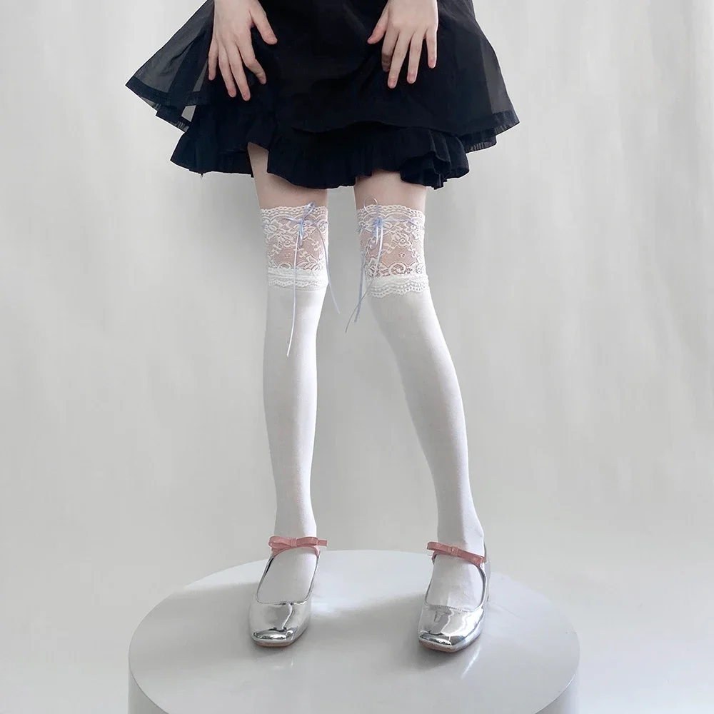 

Женские носки JK Lolita, чулки до бедра с бантом и лентой, длинные чулки в японском стиле, кружевные носки с оборками, милые носки до бедра для девочек