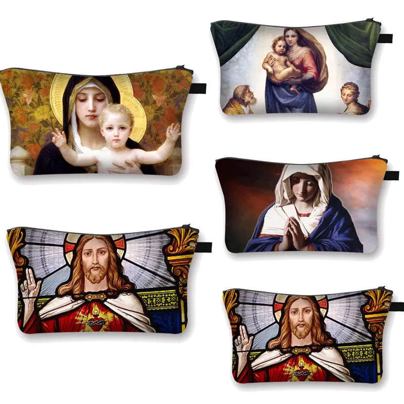

Vintage Oil Painting Religion Jesus Makeup Bag Women's Virgin Mary Canvas Travel Portable Makeup Bag Women's Makeup Bag