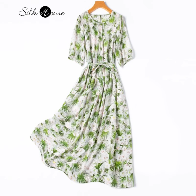 

Summer Green Plant Flower Print 100% Natural Mulberry Silk Crepe De Chine Round Neck Half Bubble Sleeves Women's Casual Dress