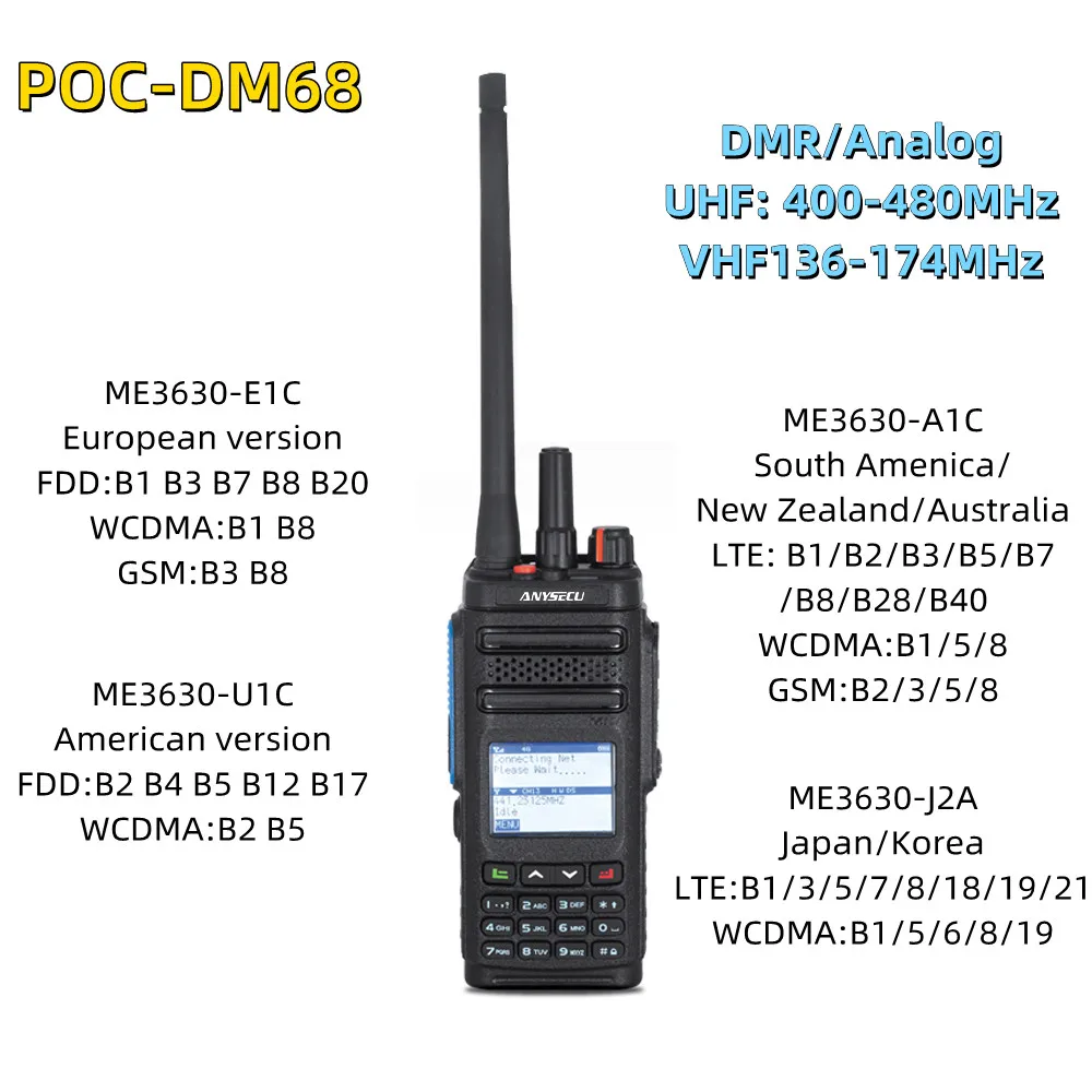 

POC DMR Analog Radio UHF400-480MHz/VHF136-174MHz ANYSECU POC-DM68 Smartphone Waterproof Rugged PoC Network Handheld Radio DM-68