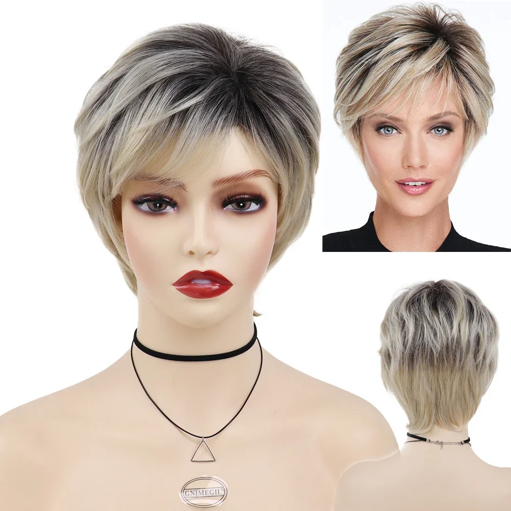 

GNIMEGIL Synthetic Ombre Blonde Wig with Bangs Pixie Cuts Short Wigs for Women Dark Roots Natural Hair Female Cosplay Mommy Wigs