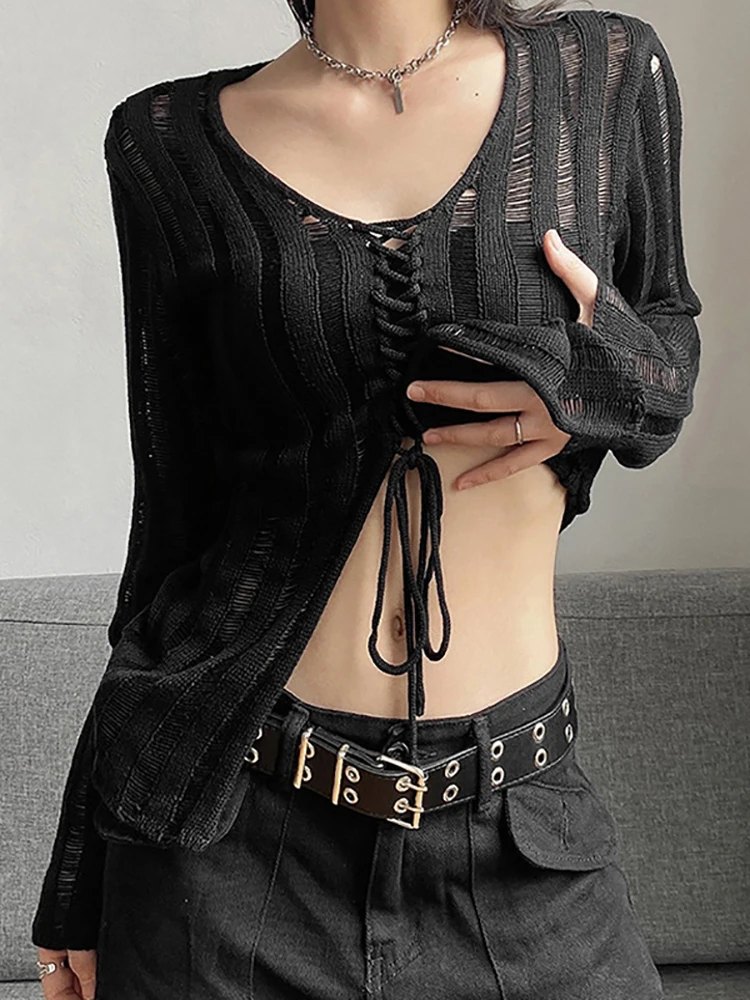 Streetwear Women clothing Y2k top Gothic See Through Bandage Blouse Black Casual Sexy Knitwear T-shirt 2023 New Long Sleeve
Streetwear Women clothing Y2k top Gothic See Through Bandage Blouse Black Casual Sexy Knitwear T-shirt 2023 New Long Sleeve