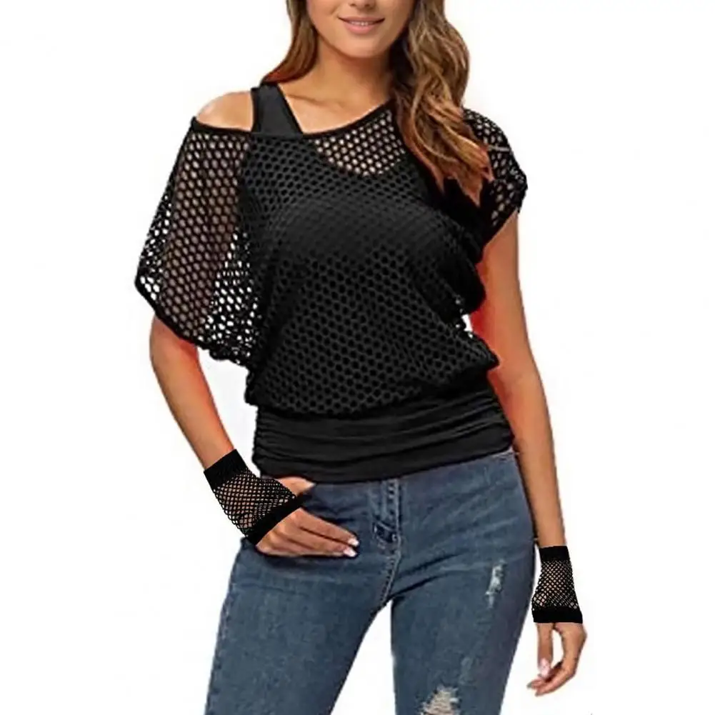 

Unique Neon Mesh Accessories Set Women's Bright Color Mesh Top Vest Set with Short Sleeve O-neck Cropped Tops Racerback for Sexy