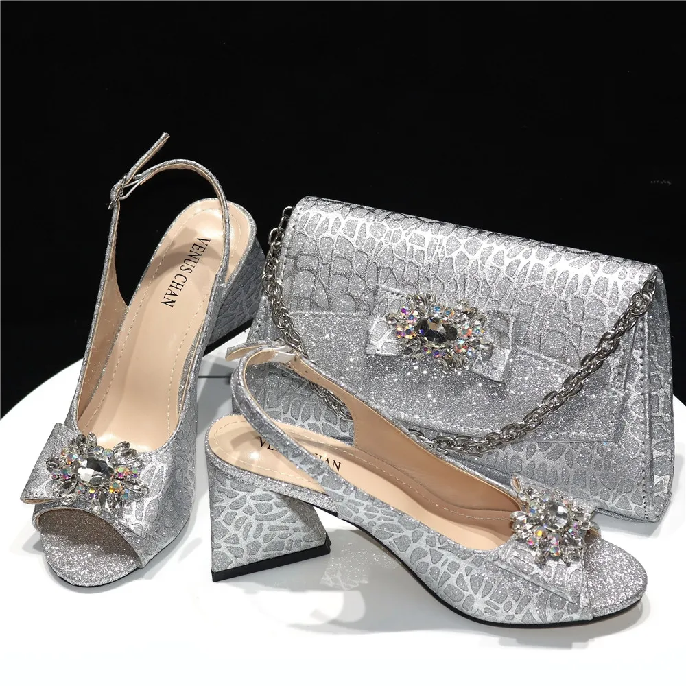

High Quality Silver Color Peep Toe High Heel Sandal Decorated with Crystal Design with Mixed Color Style For Party Women