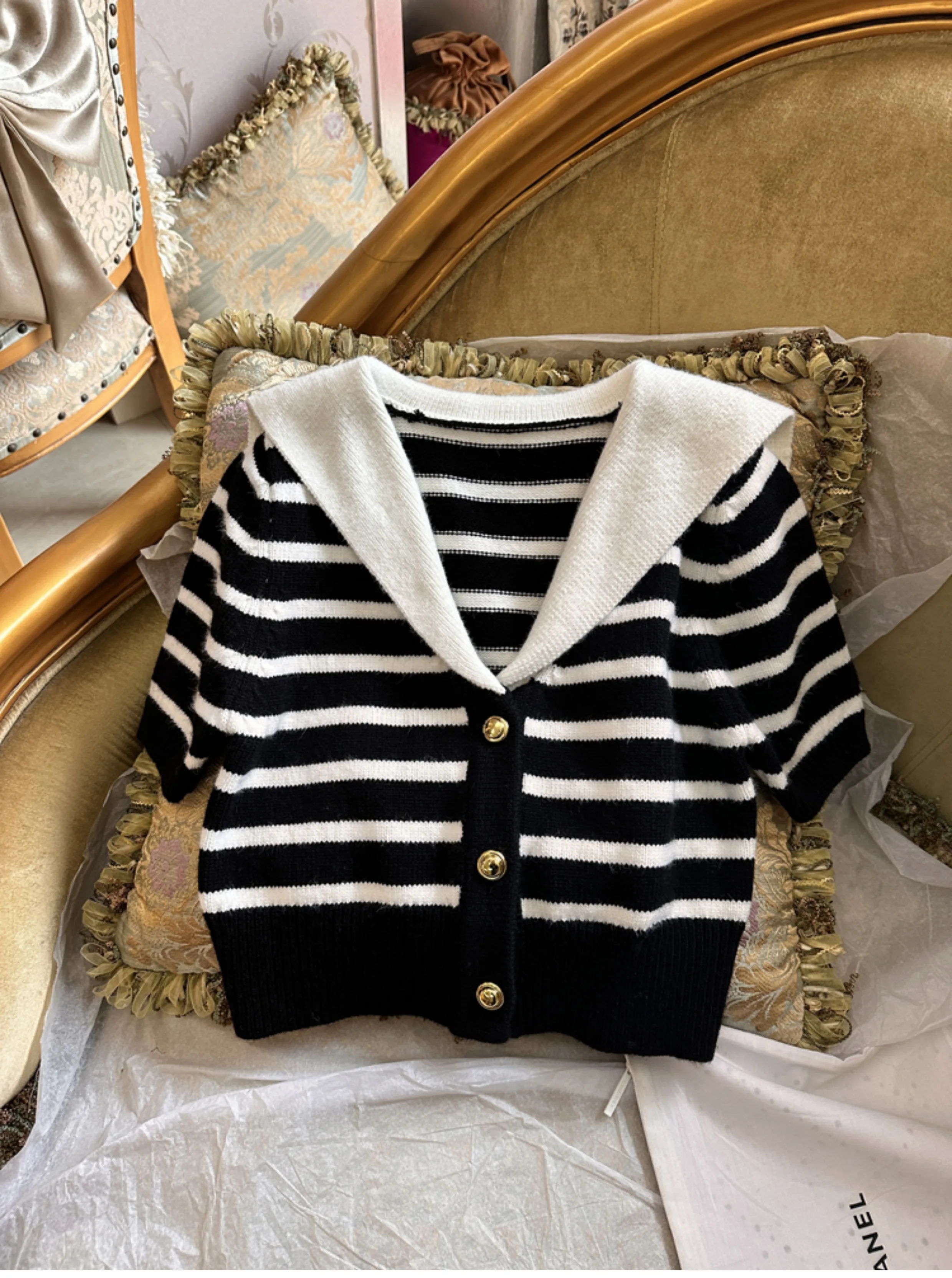 

2024 early spring new ultra short knitted cardigan navy collar striped miu style knit sweater top