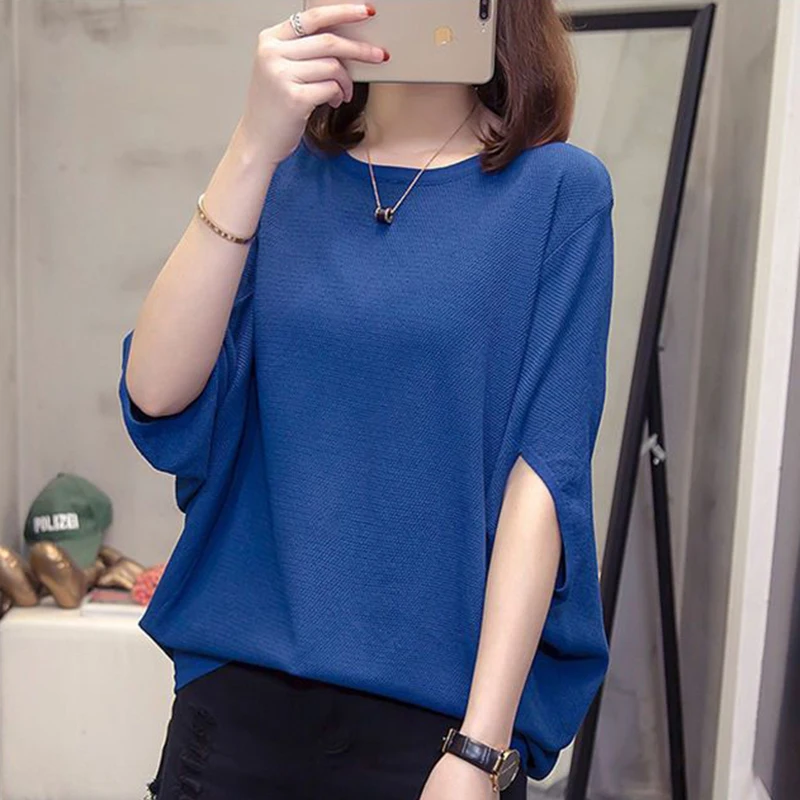 

Fashion Solid Color Knitted Batwing Sleeve Blouse Women's Clothing 2024 Summer New Oversized Casual Pullovers Commute Shirt