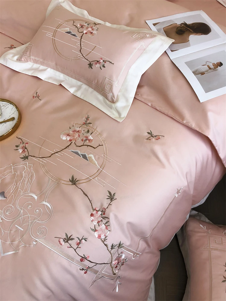 Chinese Style Embroidered Bedding Set 600TC AU Cotton Sheet Pillowcase Duvet Cover Set 4Pcs for Home(Queen King Size,Blue/Pink) Chinese Style Embroidered Bedding Set 600TC AU Cotton Sheet Pillowcase Duvet Cover Set 4Pcs for Home(Queen King Size,Blue/Pink)