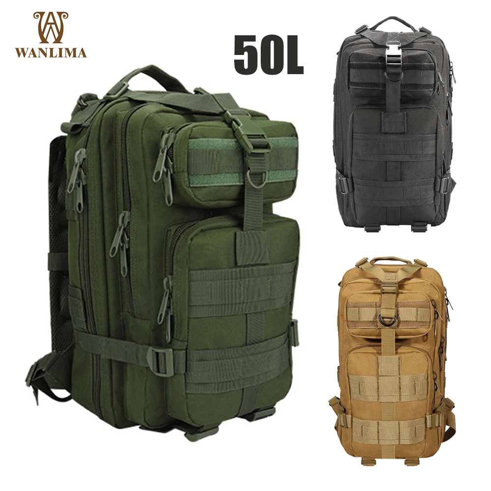 

Wanlima 50L 3P Military Tactical Backpack Outdoor Sports Hiking Daypack 600D Waterproof Trekking Fishing Hunting Bag Rucksacks