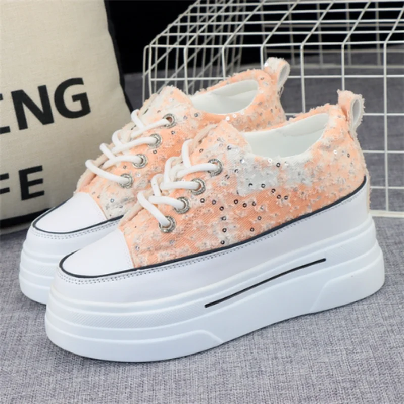 

Woman Height Increasing Shoes 8CM Heels Spring Summer Wedges Breathable Women Sneakers Casual Platform Trainers White Shoes