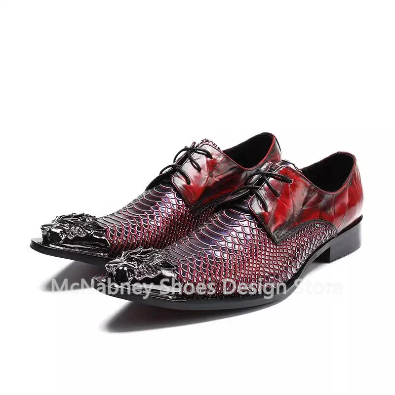 

British Style Snake Scale Pattern Male Lace-Up Loafers Party Dress Shoes Fashion Metal Pointed Toe Chunky Heel Men's Oxfords
