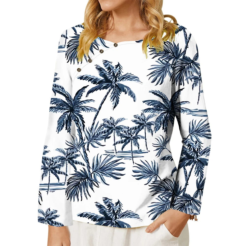 

CLOOCL Women T-shirt Hawii Coconut Tree Graphics 3D Printed Tee Button Decorate Crew Neck Long Sleeve Casual Tops Female Clothes