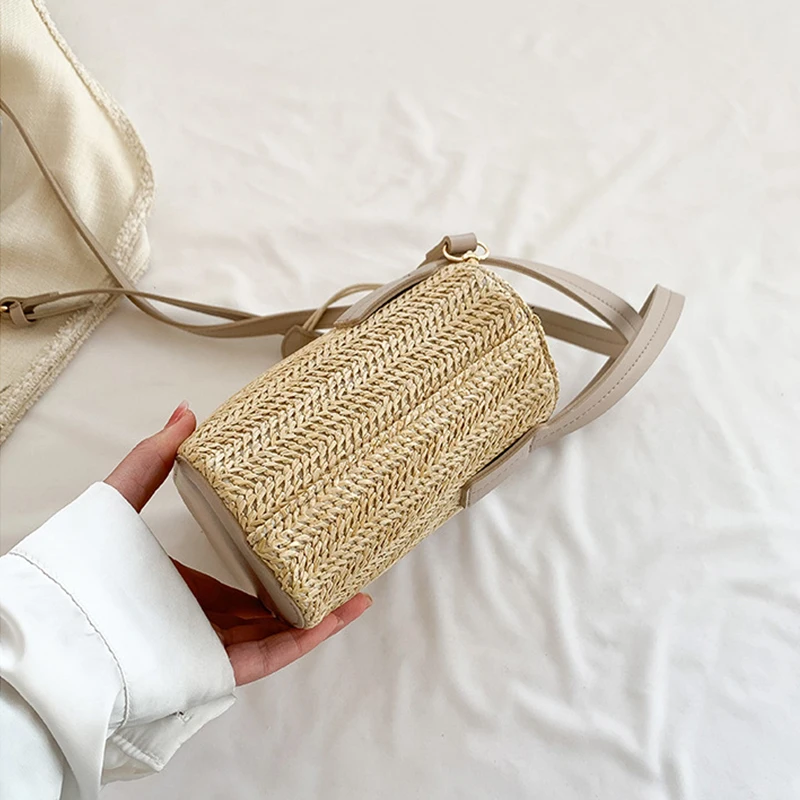 Knit Straw Bucket Tote - Woven Beach Travel Bag with Wrist Handle 23 S56f5648ba1294f73bb810b752a0f74c2M