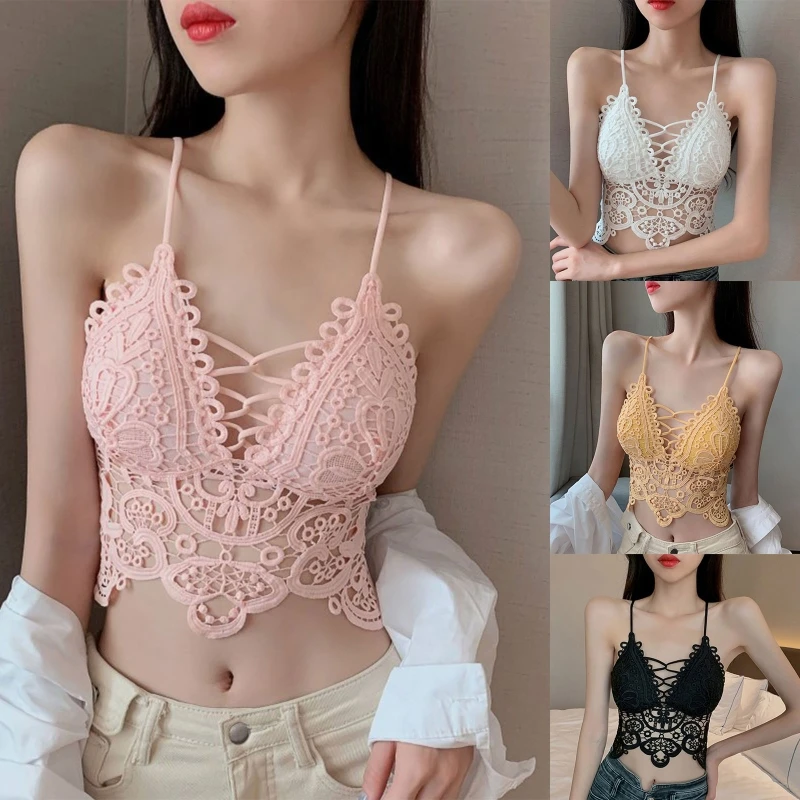 

449B Women Sleeveless Strappy Bra Crop Top Hollow Out Crochet Lace Camisole Bralette Sexy V-Neck Backless Padded Mini Vest