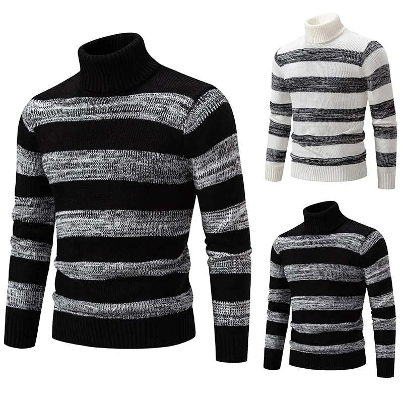 

2023 Autumn and Winter New Men's Knitwear Stripe Spliced High Neck Slim Fit Men's Sweater Underlay