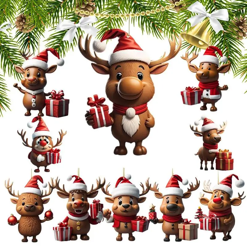 

10pcs 2D Flat Christmas Deer Tree Ornaments Acrylic Decors Cute Reindeer Print Wall Hangings for Thanksgiving New Year