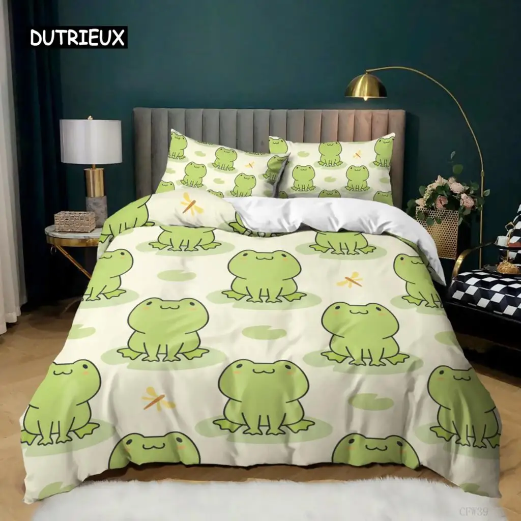 

Комплект постельного белья с рисунком лягушки, пододеяльником, зелеными лягушками из мультфильмов, милым рисунком стрекозы, животного, для детей, двойной размер, полиэстеровый пододеяльник