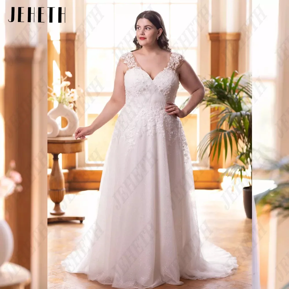 JEHETH Princess Cap Sleeves Wedding Dresses Plus Size For Woman Double V-Neck Bride Gowns A-Line Applique Robe De Mariee
JEHETH Princess Cap Sleeves Wedding Dresses Plus Size For Woman Double V-Neck Bride Gowns A-Line Applique Robe De Mariee