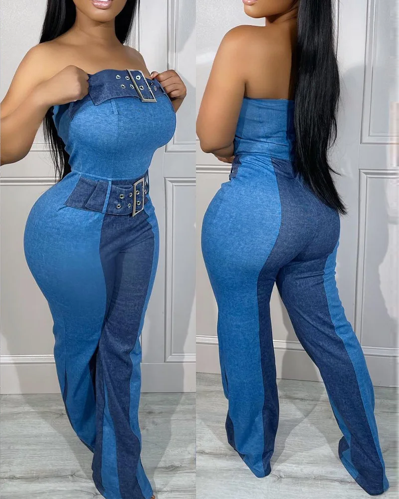 

Summer Jumpsuit Women Sexy Denim Look Print Patchwork Bandeau Buckled Eyelet Office Lady Jumpsuit Y2k